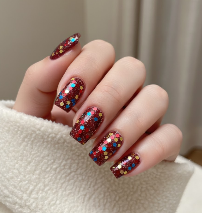 burgundy glitter nails
