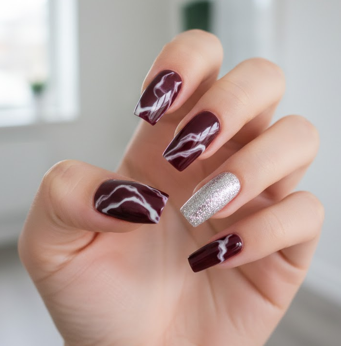 burgundy glitter nails