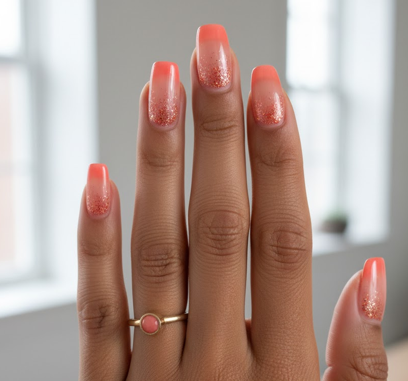 coral glitter nails