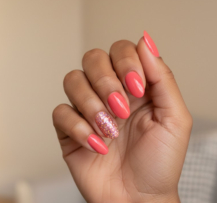 coral glitter nails