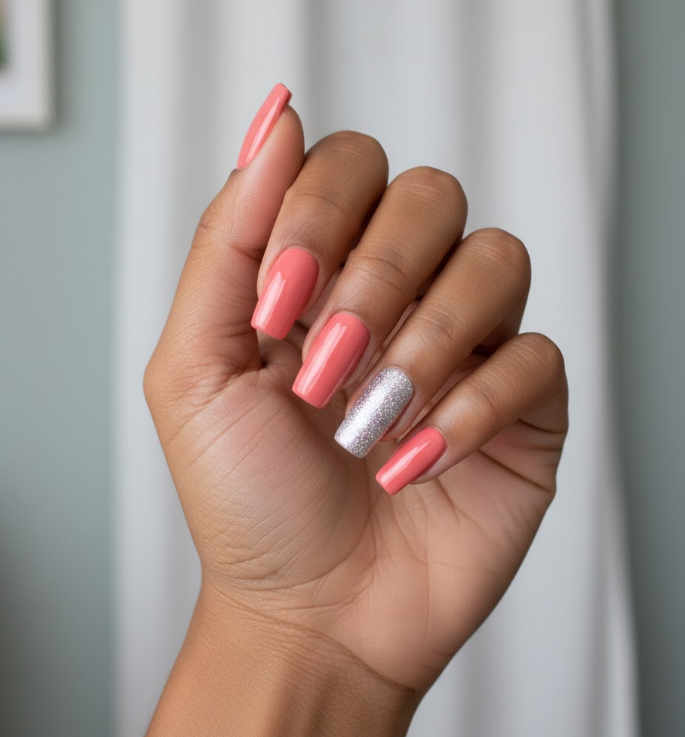 coral glitter nails