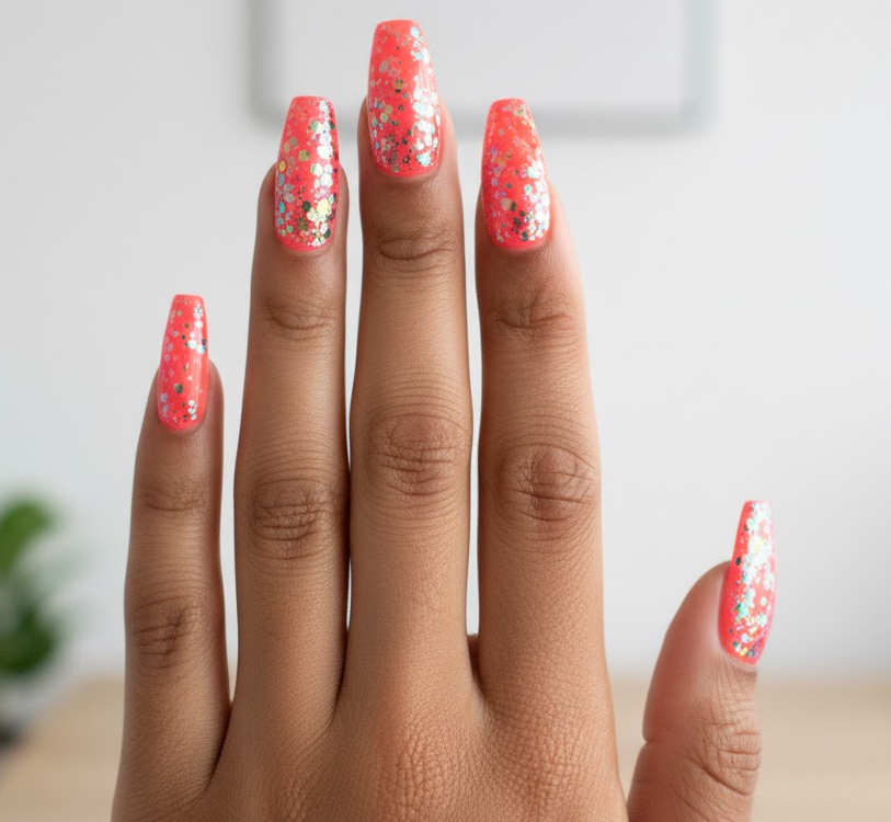 coral glitter nails