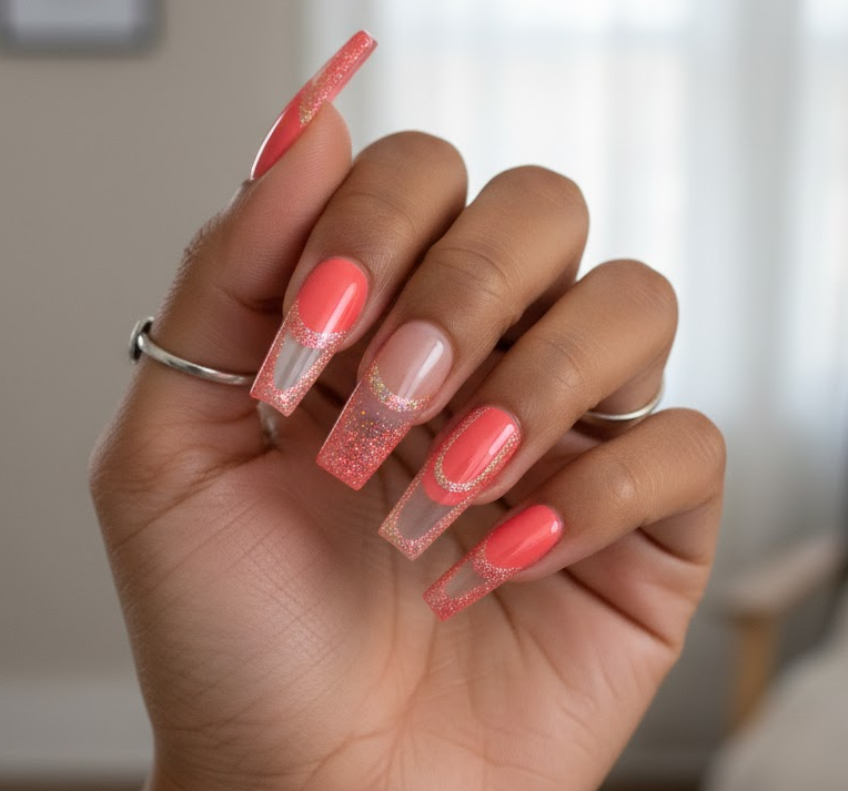coral glitter nails