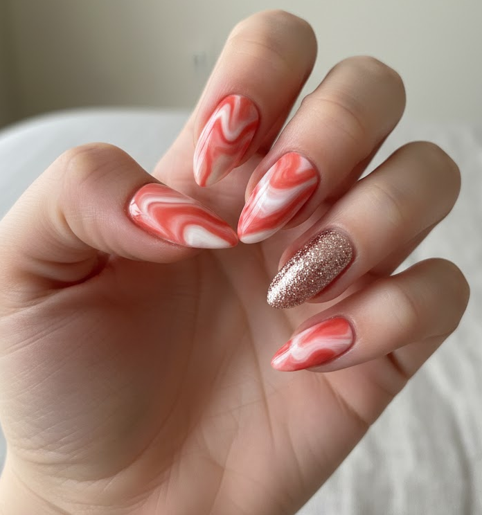 coral glitter nails