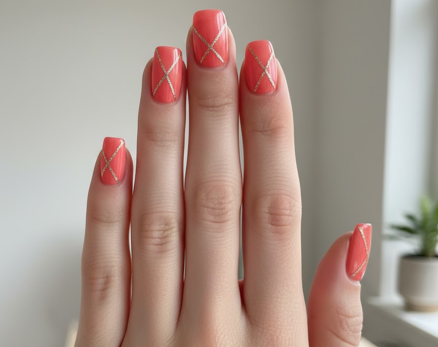 coral glitter nails