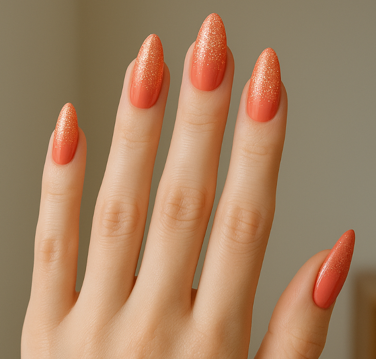 coral glitter nails