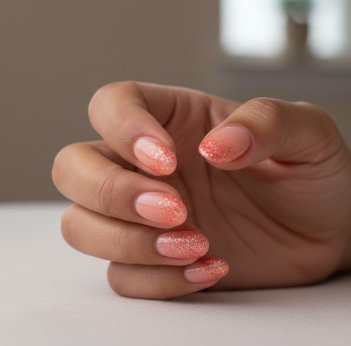 coral glitter nails