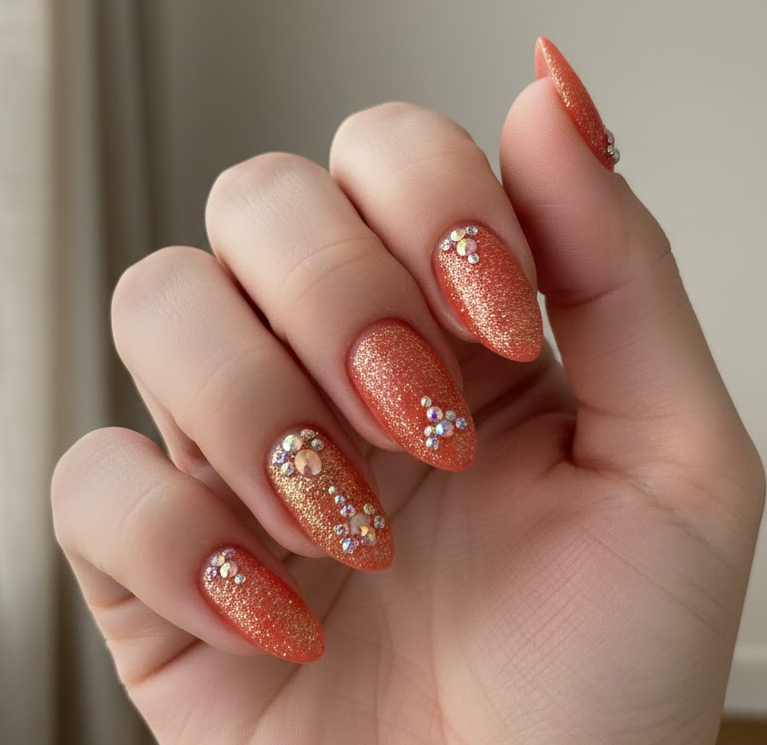 coral glitter nails