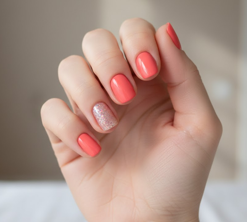 coral glitter nails