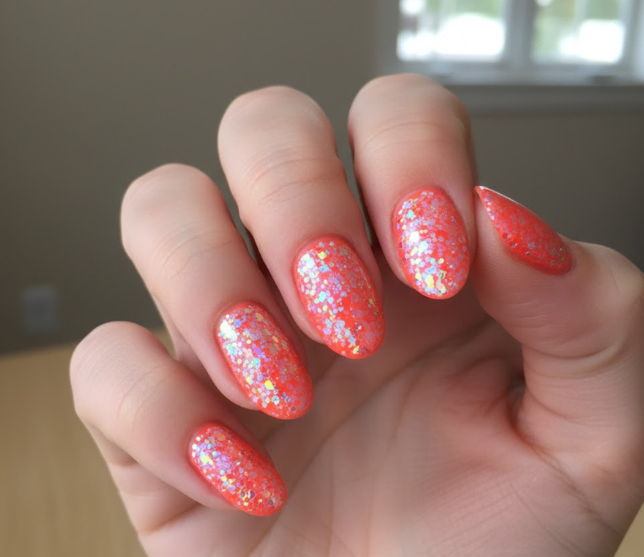 coral glitter nails