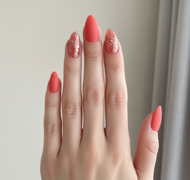 coral glitter nails