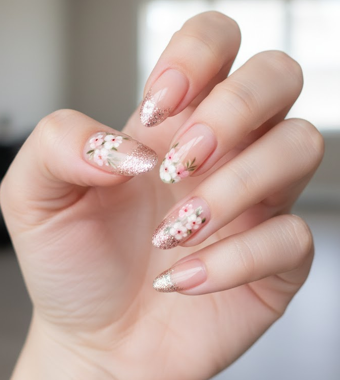 peach glitter nails