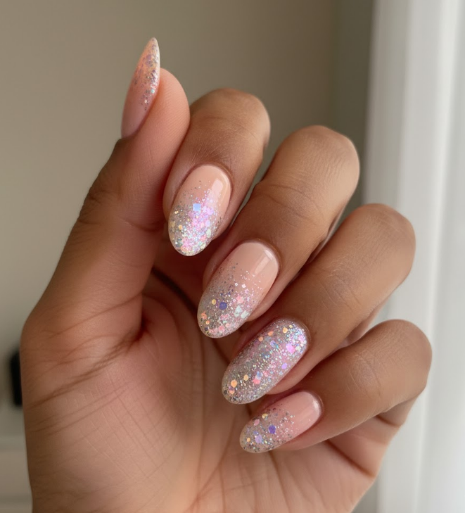 peach glitter nails