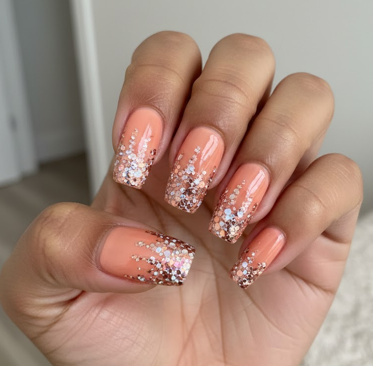 peach glitter nails