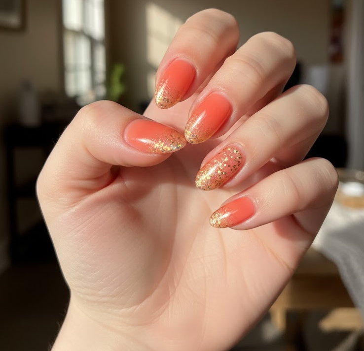 peach glitter nails