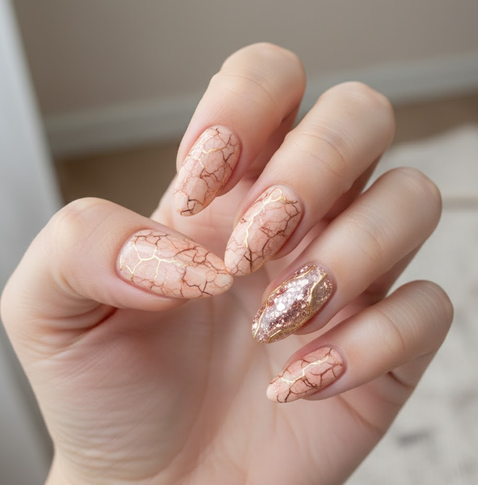 peach glitter nails