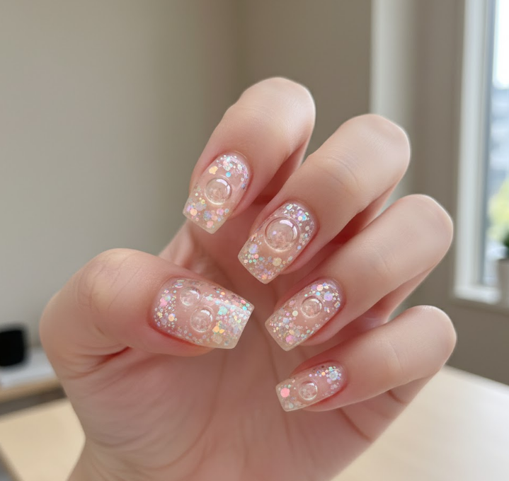 peach glitter nails