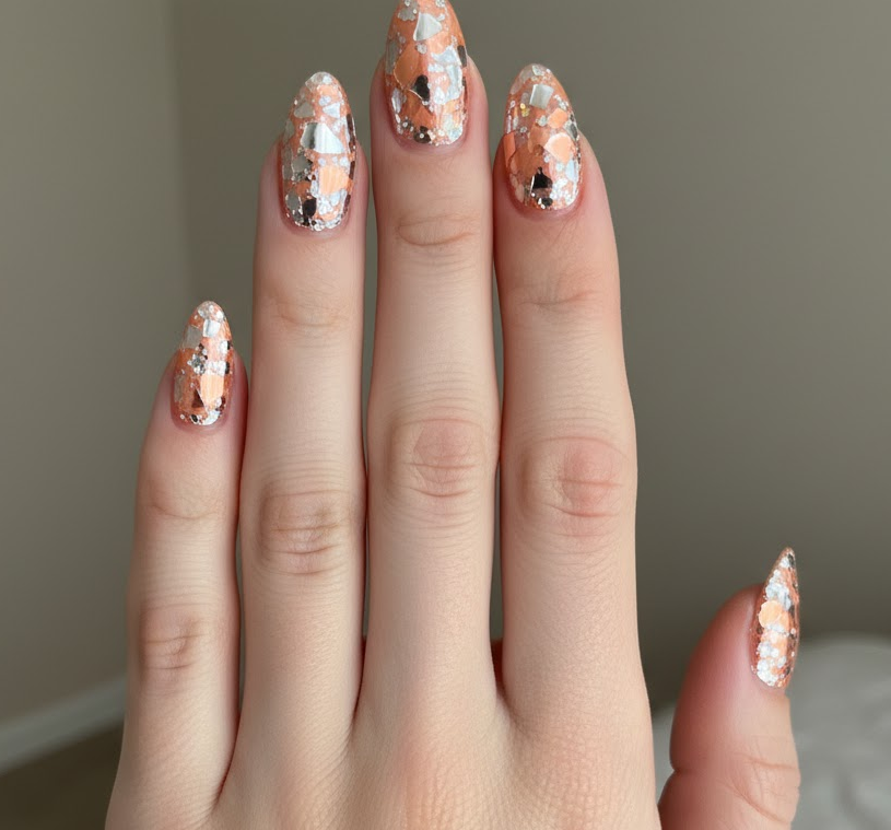 peach glitter nails