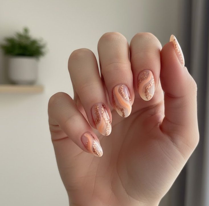 peach glitter nails