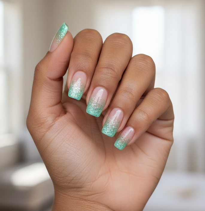 mint green glitter nails