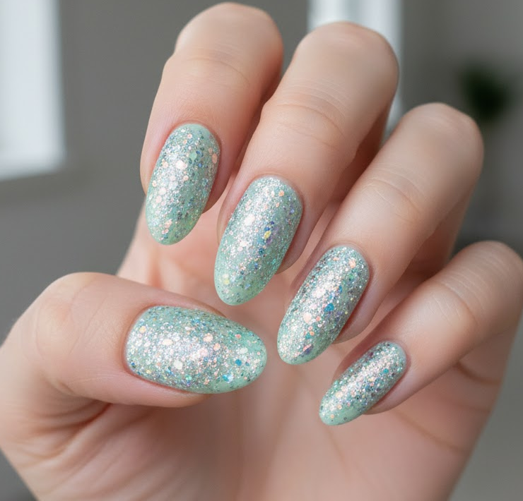 mint green glitter nails