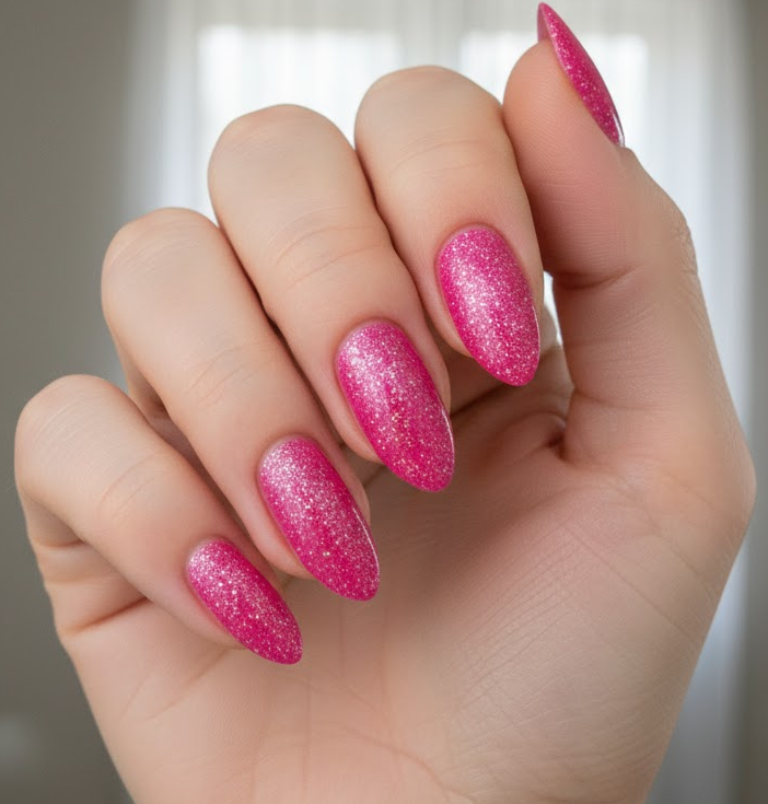 hot pink glitter nails