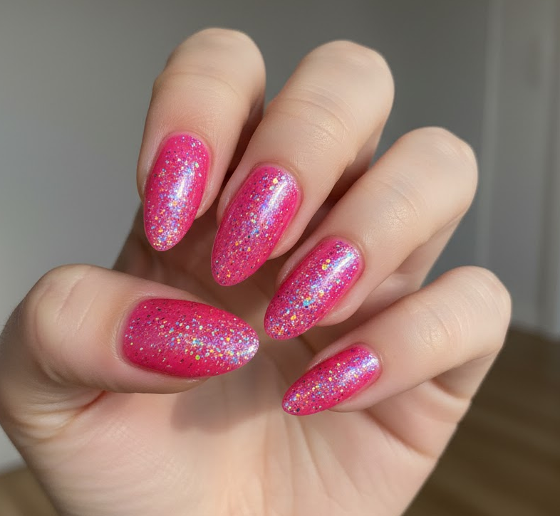 hot pink glitter nails