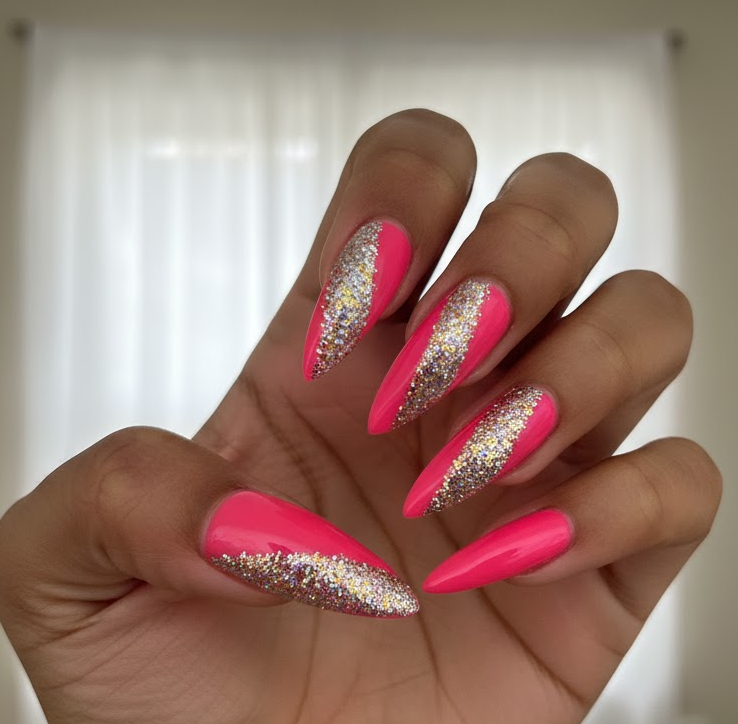 hot pink glitter nails