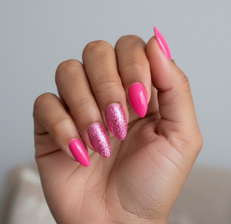 hot pink glitter nails