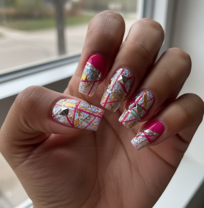 hot pink glitter nails