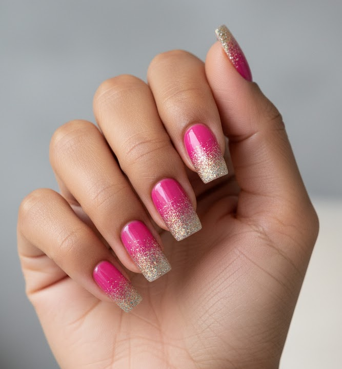 hot pink glitter nails