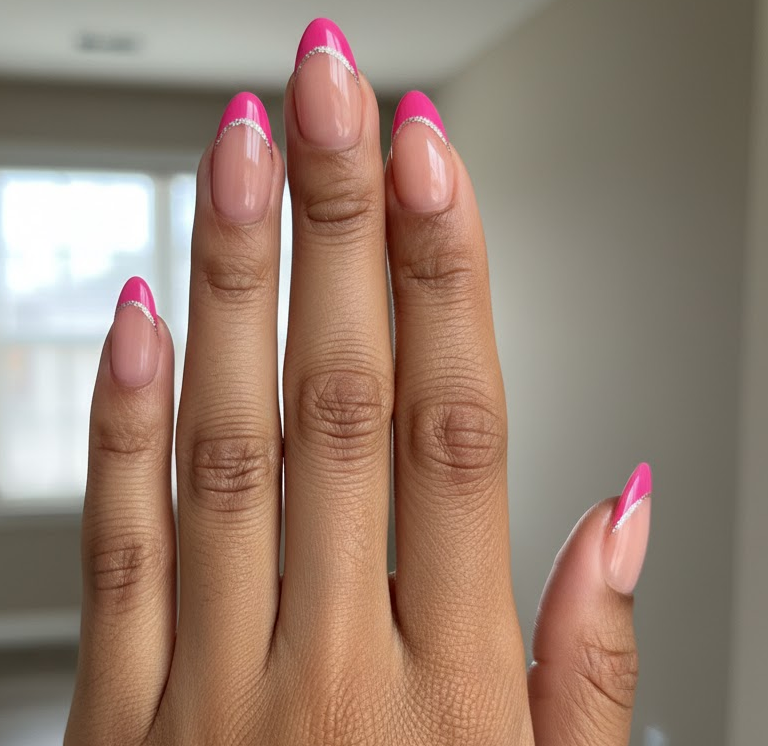hot pink glitter nails