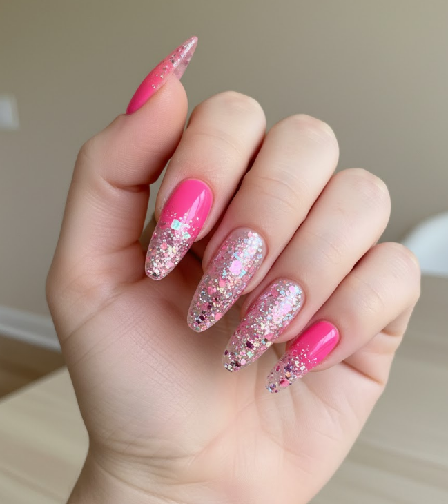 hot pink glitter nails