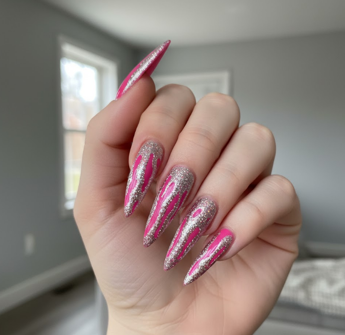hot pink glitter nails