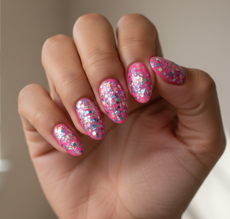 hot pink glitter nails