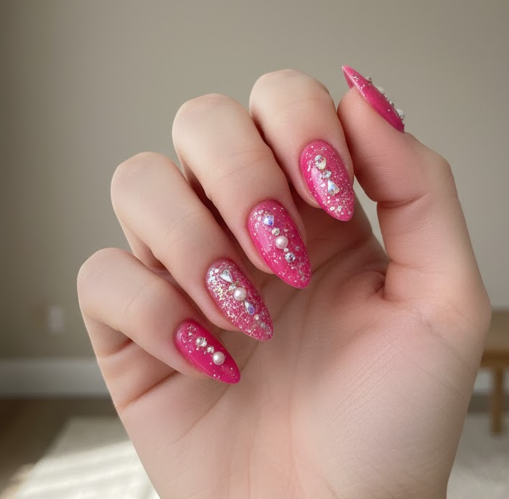 hot pink glitter nails
