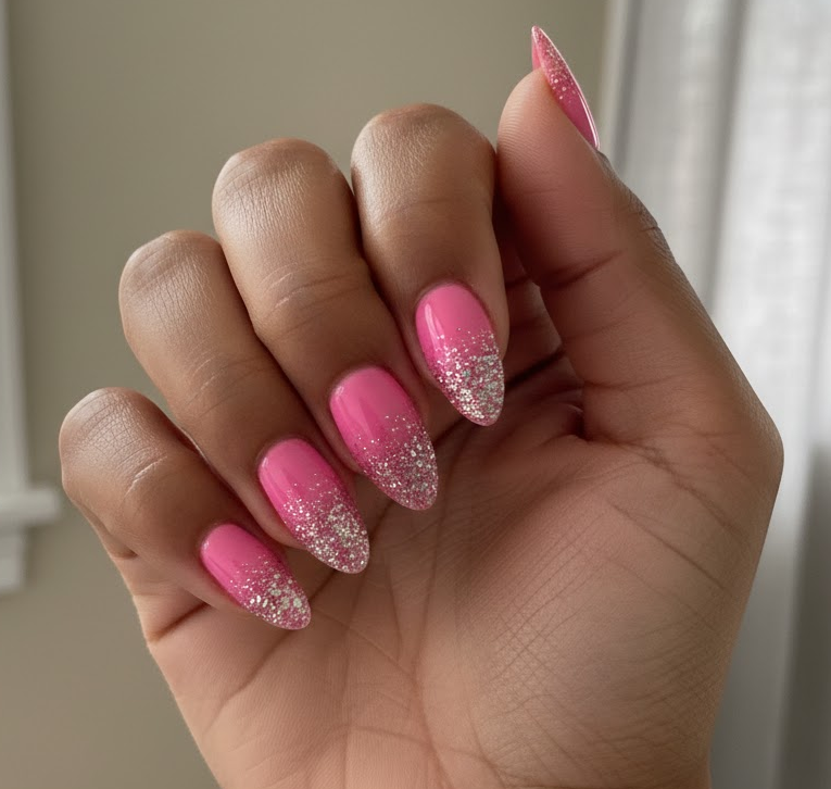 hot pink glitter nails