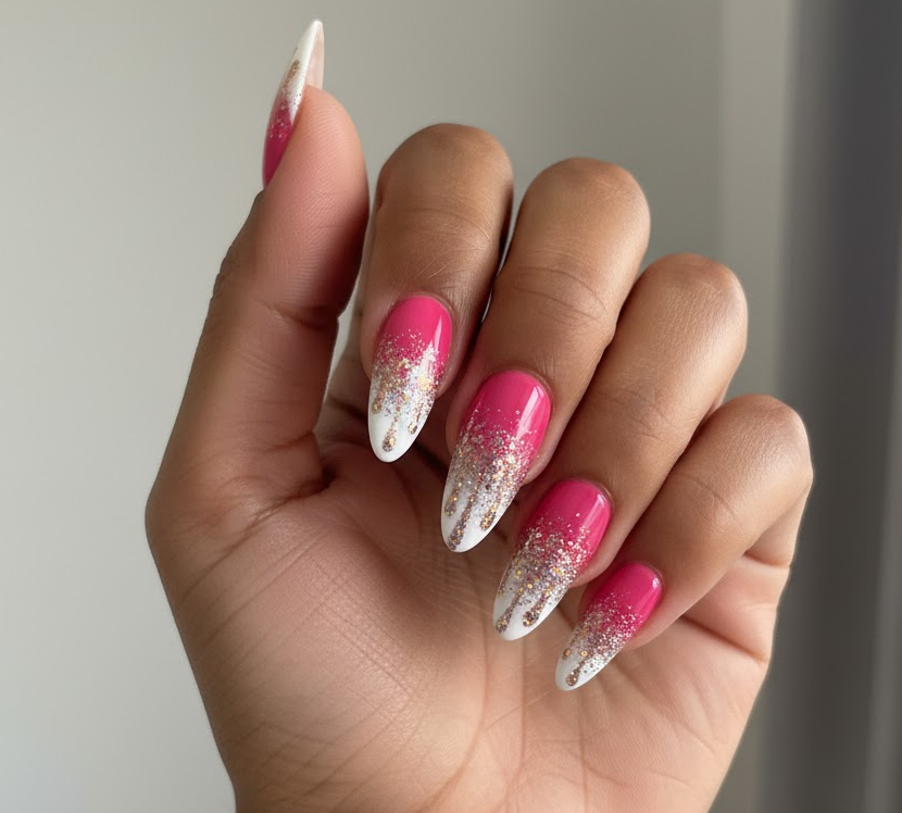 hot pink glitter nails