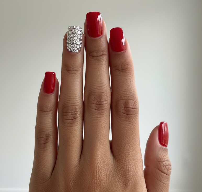 red rhinestone nails