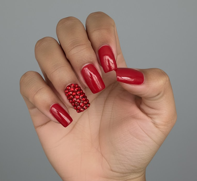 red rhinestone nails
