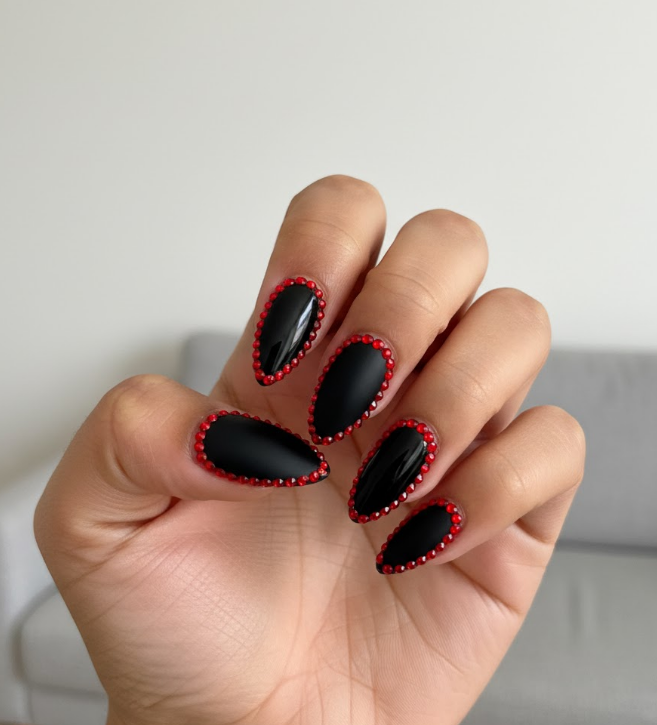 red rhinestone nails