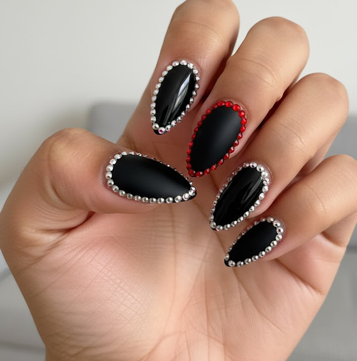 red rhinestone nails