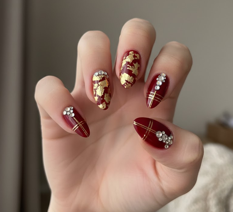 red rhinestone nails