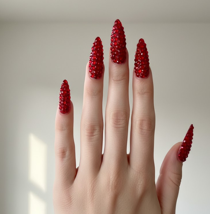 red rhinestone nails