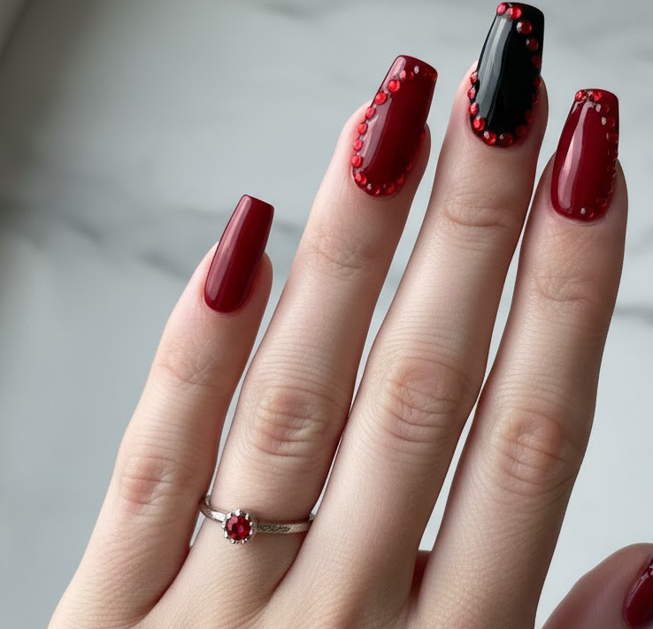 red rhinestone nails