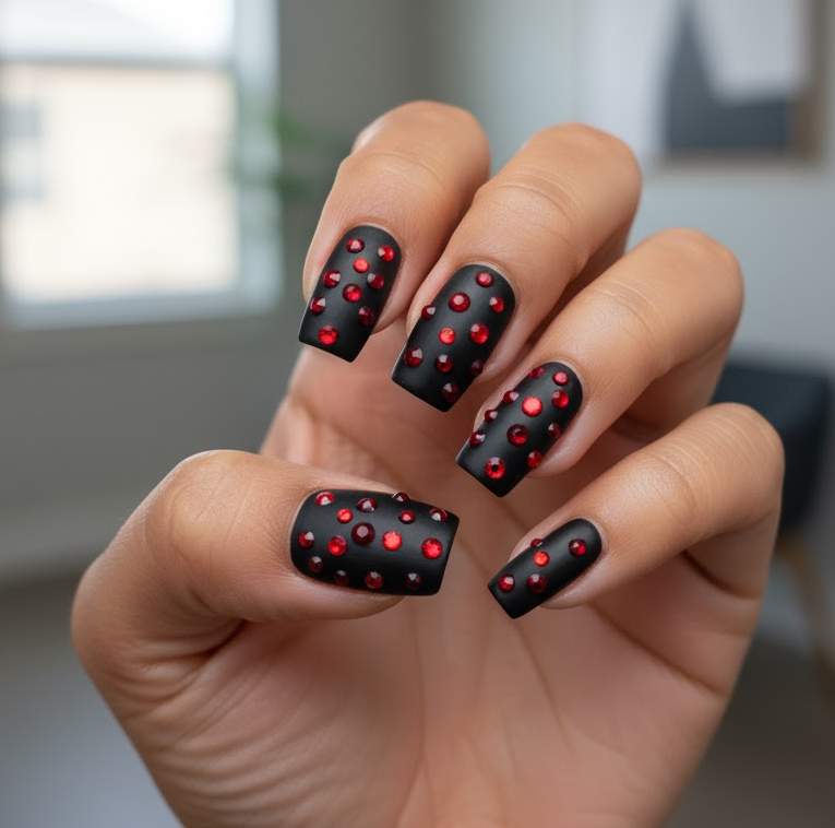 red rhinestone nails
