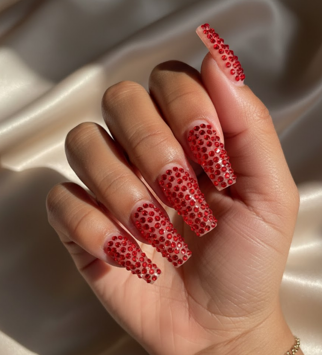 red rhinestone nails