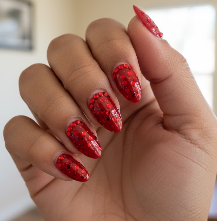 red rhinestone nails