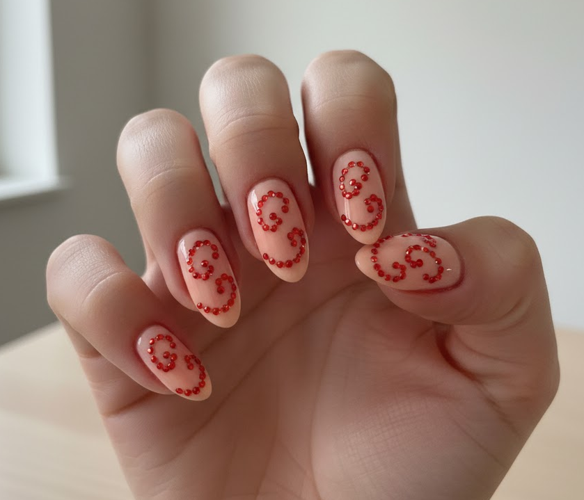 red rhinestone nails