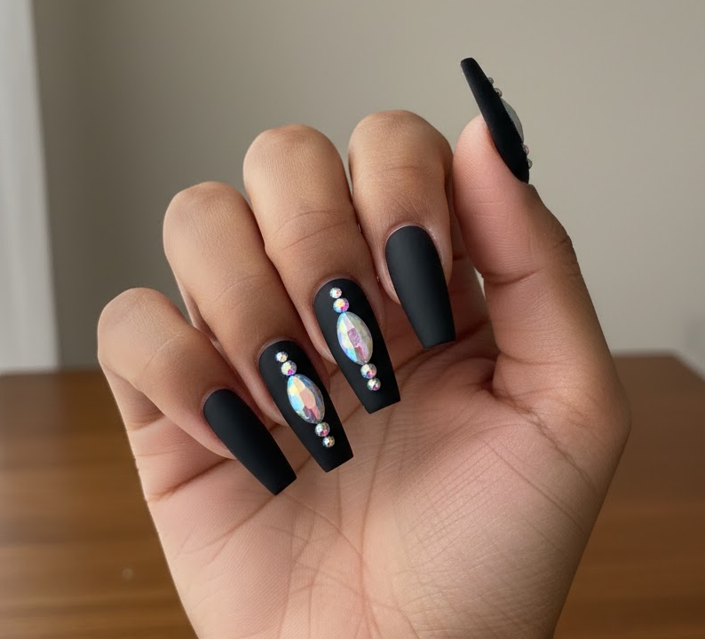 black rhinestone nails